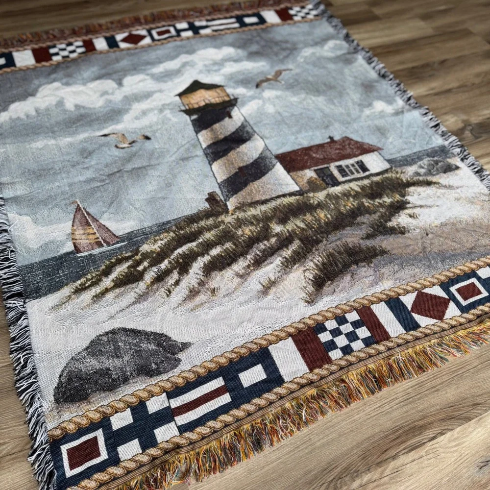 Vintage Lighthouse Woven Tapestry Throw Blanket Nautical Signal Flags 60x50